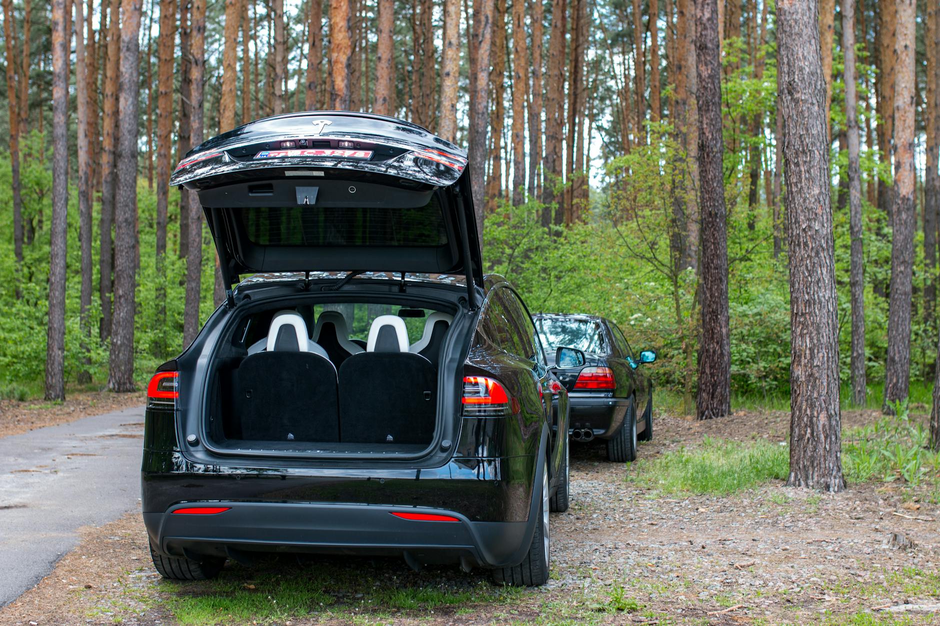 Elektryczny SUV z otwartym bagażnikiem zaparkowany w lesie