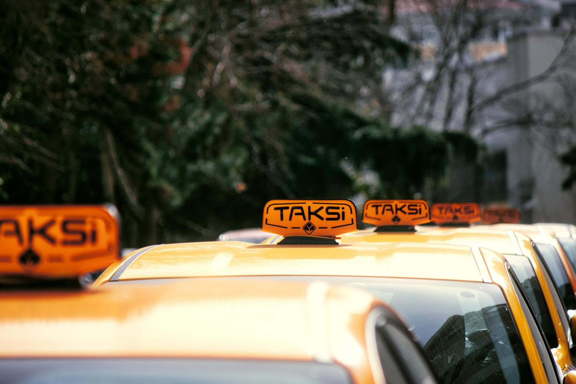 Citroën C-Elysée na taxi i do flot – trwałość prostych diesli, spalanie oraz opinie kierowców po paru latach pracy Rząd żółtych taksówek z napisem Taksi zaparkowanych przy ulicy